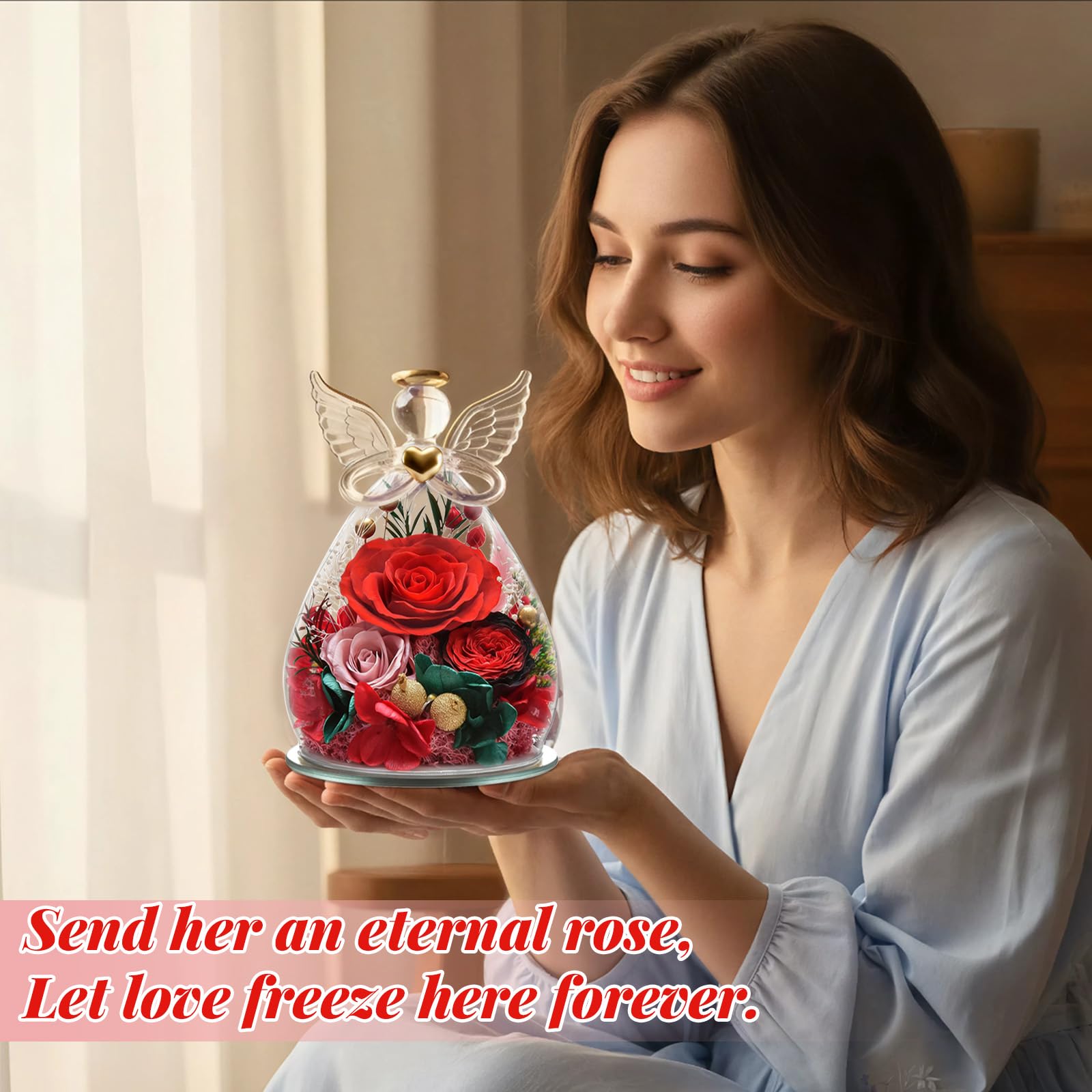 Figurine d'ange éternelle - Cadeau pour femme, maman, épouse - Anniversaire, Noël - Fleur éternelle avec éclairage LED (rouge et rose)