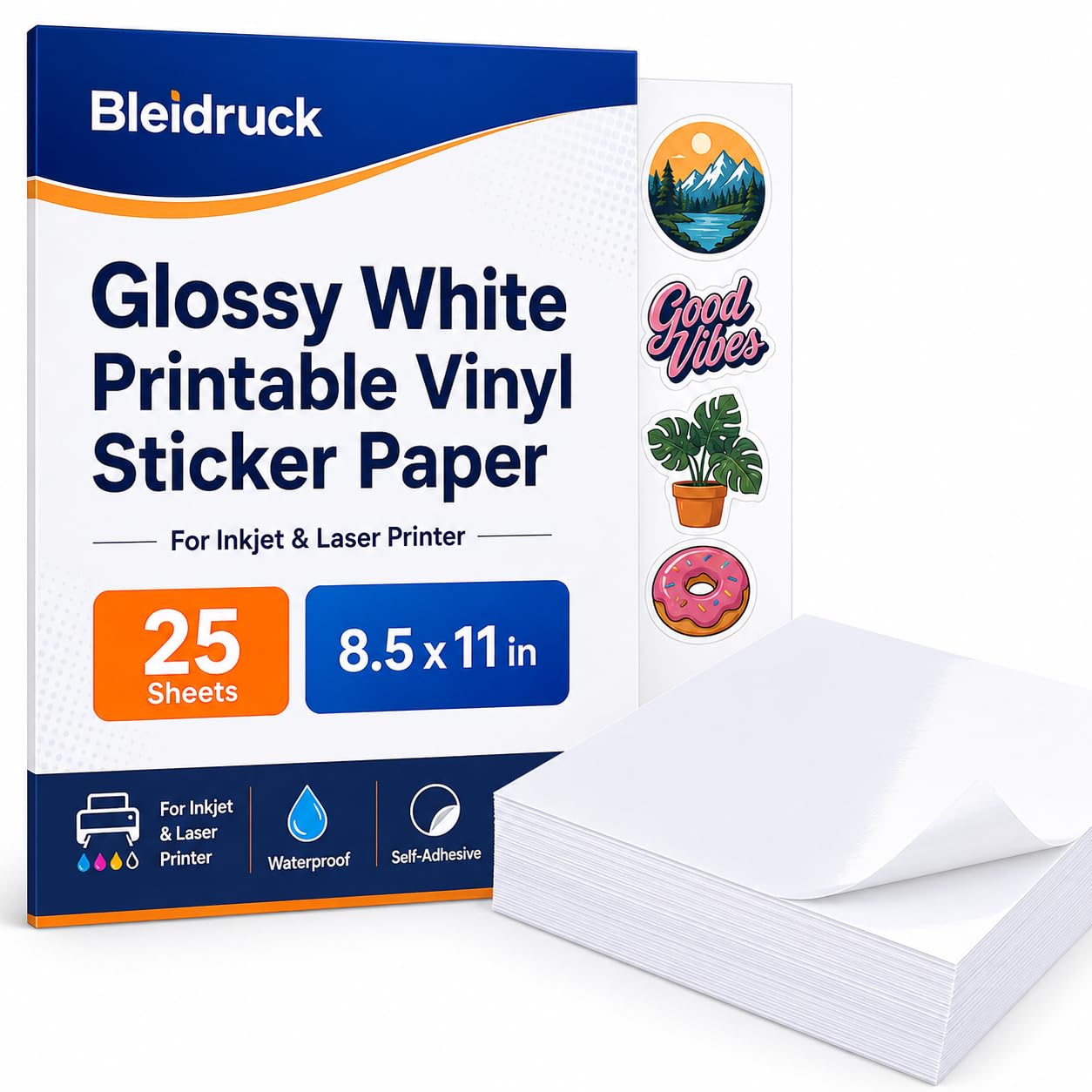 Glänzendes weißes bedruckbares Vinyl-Aufkleberpapier, 25 Blatt, 21,6 x 27,9 cm, wasserdicht, selbstklebend, für Tintenstrahl- und Laserdrucker, trocknet schnell, Premium-Permanent-Aufkleber