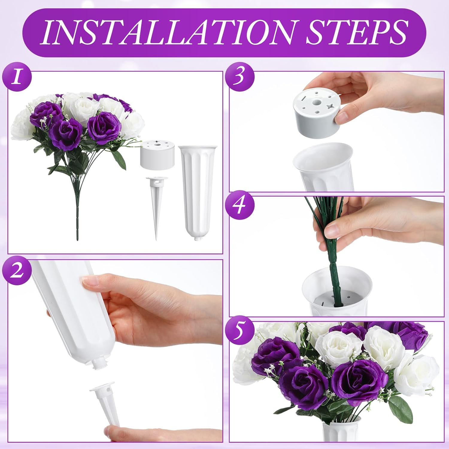 Hotop 2 Sets Memorial Day Flowers for Cemetery Artificial Cemetery Flowers for Grave Funeral Patriotic Arrangements Bouquet Decoration with Vase(Dark Purple and White)