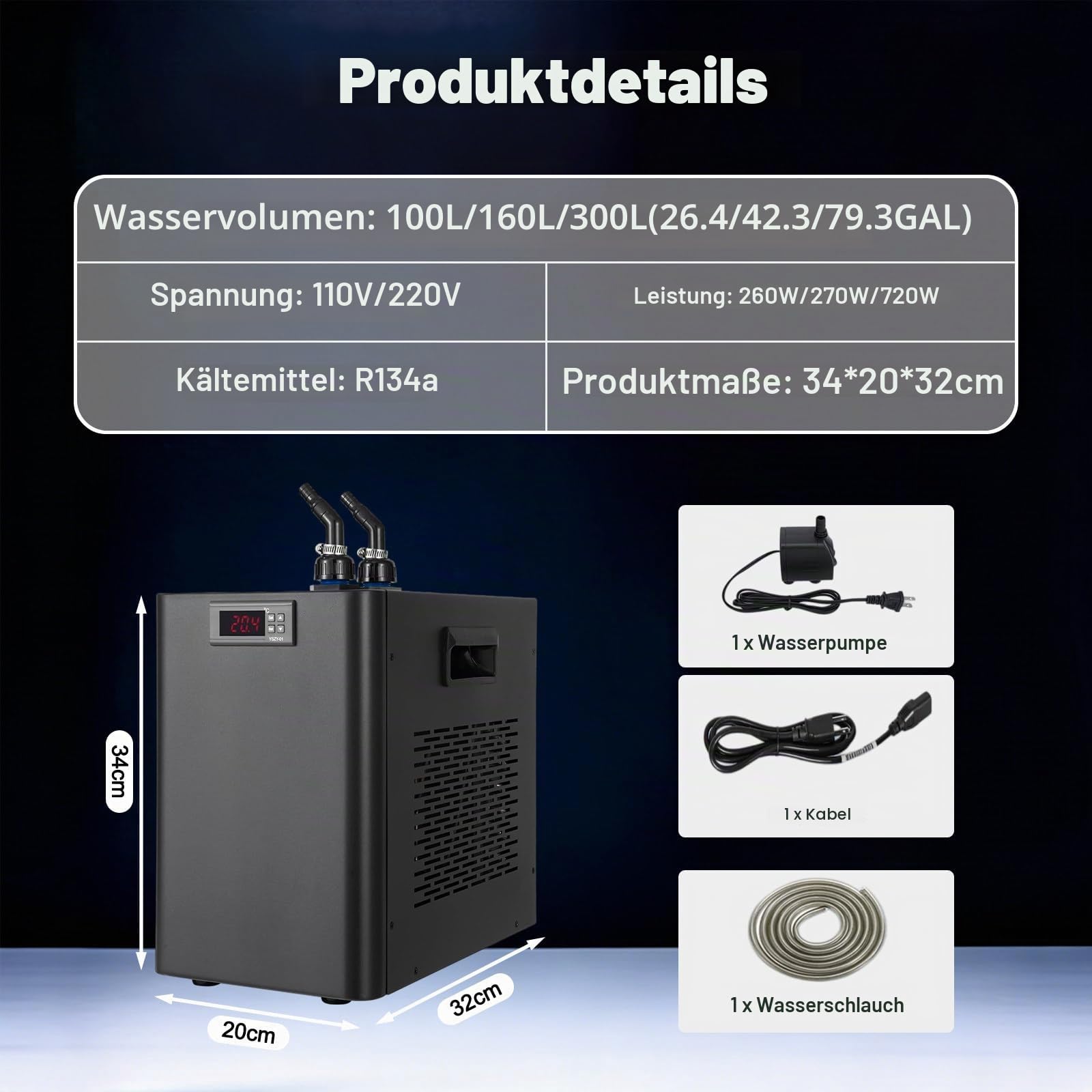 260/270/720W Water Chiller Machine, Cold Plunge Chiller, Mit 3 Meters Schlauch Und Wasserpumpe, LCD-Touchscreen, Einstellbar 5-40℃, Für Salzwasser-Axolotl-Korallenquallen 160L/42.5GAL