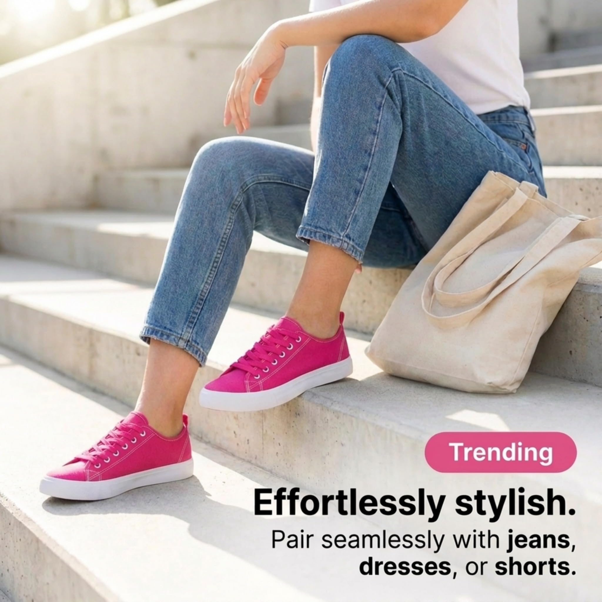 The Fashion Supply Canvas Shoes for Women, Casual Low Top Lace-Up Womens Shoes Sneakers, Extra Laces (Pink, 8)