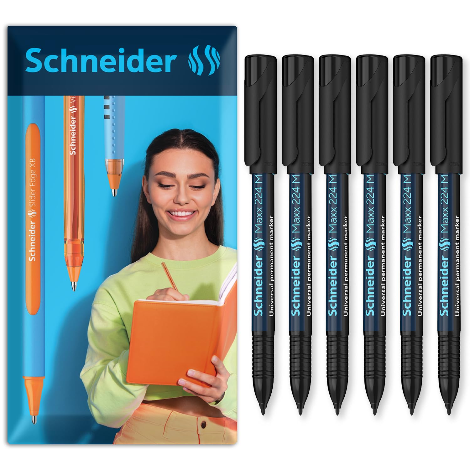 Schneider Maxx 224 M Permanent Marker Pen 1.0mm Medium Line, Black 6 Pack
