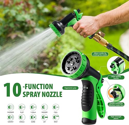 Miniatura 6 de Manguera de jardín flexible y ligera de 100 pies, manguera de agua no expandible con boquilla rociadora de 10 funciones para patio, exteriores,