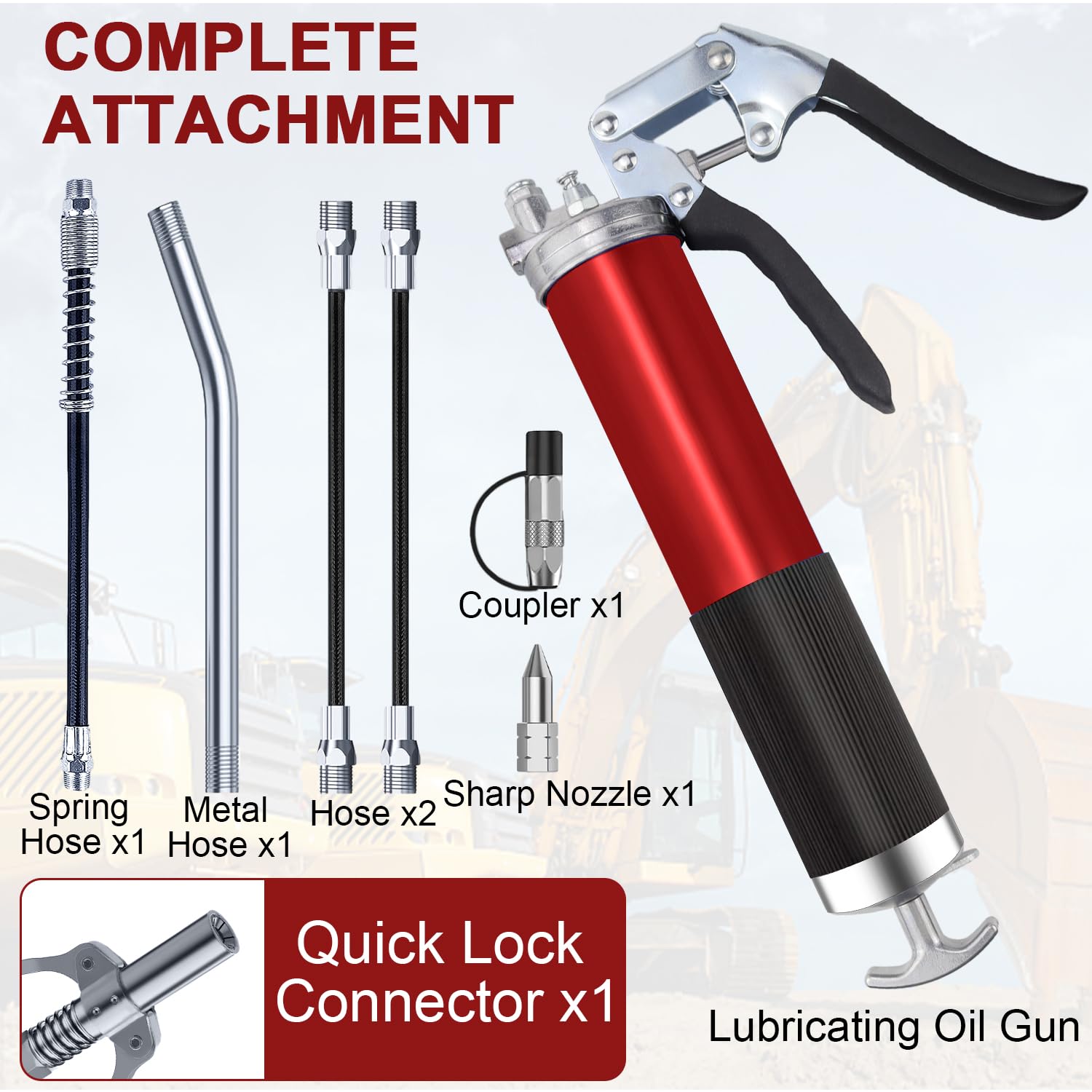 GIAK Ingrassatore Manuale Pompa ingrassatrice Pistola Ingrassatore 8000PSI Pistole per Grasso Professionale con Tubo Flessibile Tubo di Estensione in Metallo 6 Pollici,Ugello Appuntito (Rosso)