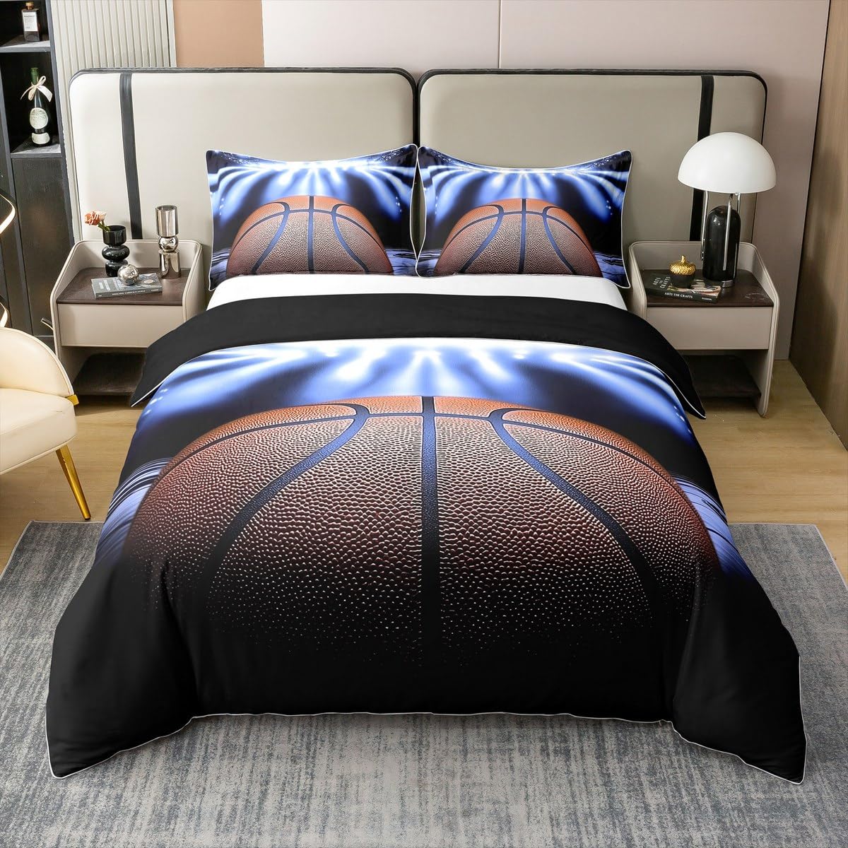 Loussiesd Basketball Bedding Set Double Gaming Sports Comforter Cover Set Ball Games 100% Cotton Duvet Cover Gift for Basketball Lover Bedspread Cover Black Brown Quilt Cover No Comforter