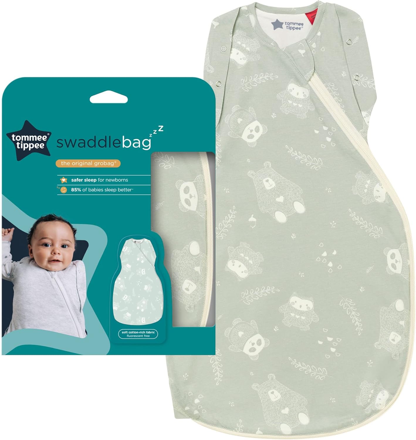 Tommee Tippee Swaddle Bag for Newborns, 0-3m, 2.5 Tog for 16-20°C, Woodland Gro Friends Sleeping Bag, Soft Cotton-Rich Fabric, Healthy Hip Development Design, Bottom to Top Zip