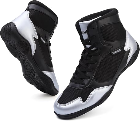 Bravover Boxing Shoes Wrestling Shoes Mid Top Ankle Strap | Breathable mesh panels lace up fit ankle strap padded collar and rubber outsole for boxing wrestling and indoor training