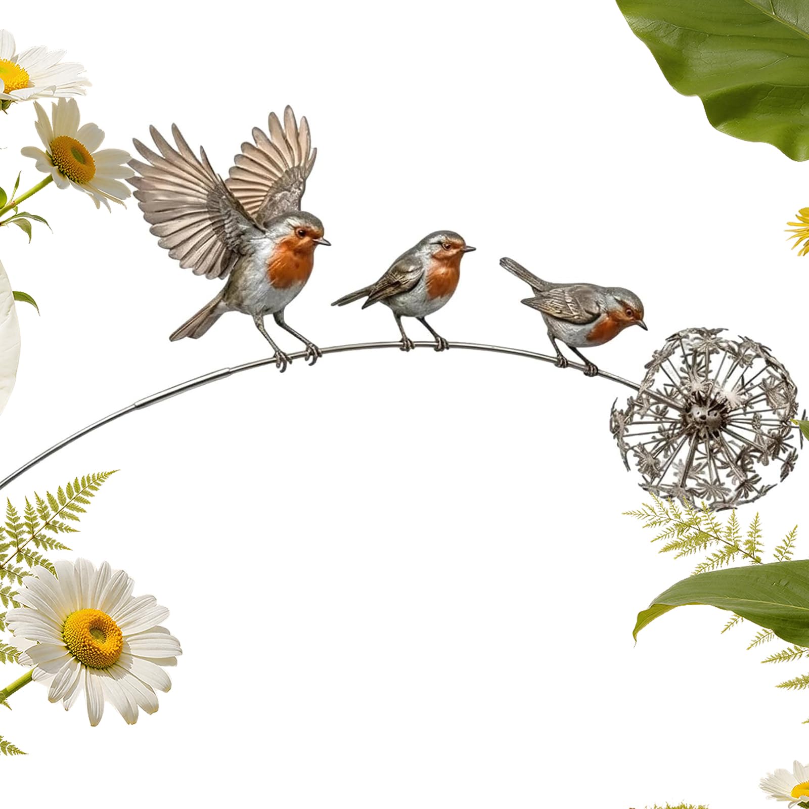 Aodejoy Robin Garden Stake, 2D Rustic Robin Bird Yard Art Decorations with 3D Dandelion Accent, Metal Robins Bird Garden Sculpture,for Lawn Patio Flower Bed and Backyard-01