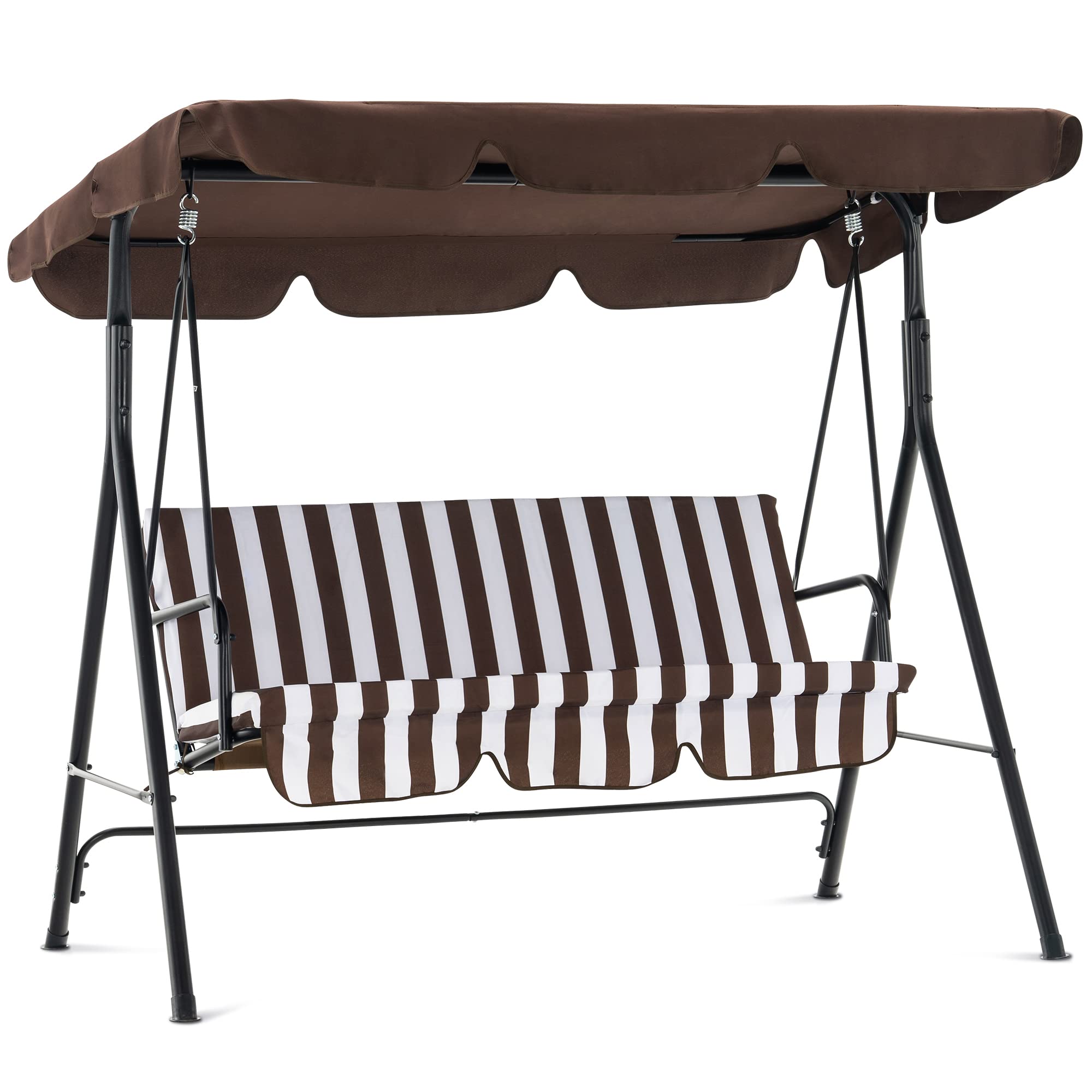 MCombo 2-3 Person Patio Swings with Canopy, Outdoor Porch Swing Chair with Steel Stand, Removable Cushions, for Backyard Garden Balcony 4008 (Brown with White Stripes)
