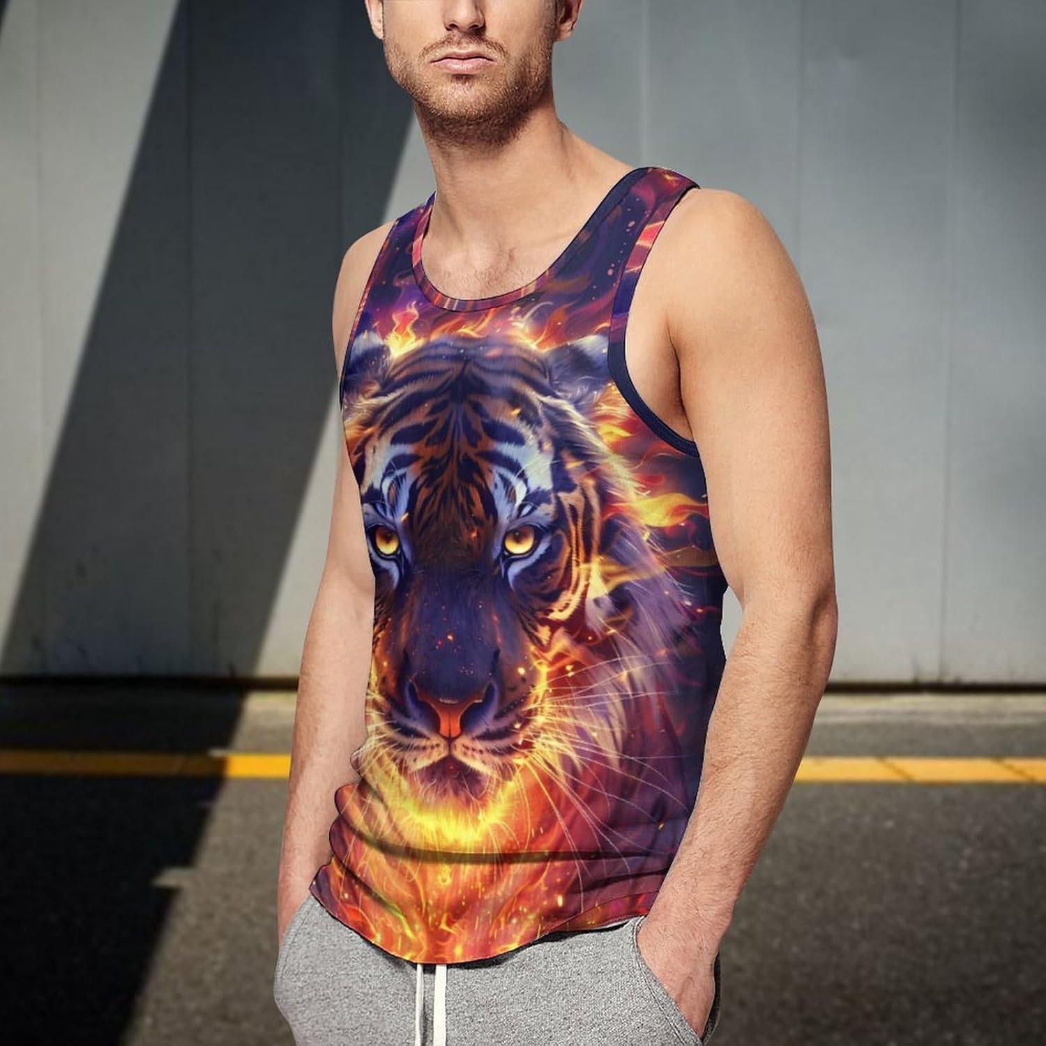 Fire Tiger Men's Tank Top Sleeveless Muscle Shirts Vest Beach T Shirts for Workout Gym