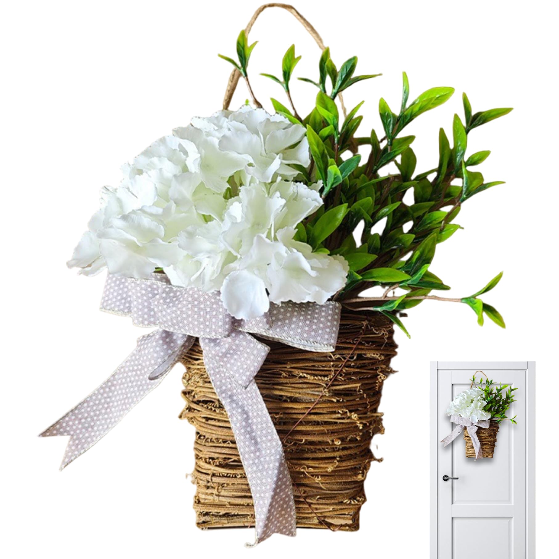 Uanqfegy Spring Wreath for Front Door – Hydrangea Floral Hanging Basket with Silk Flowers All-Season Porch Wall Decor