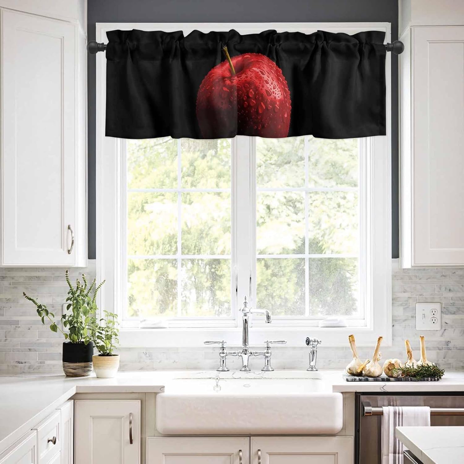 Vandarllin Kitchen Curtains and Valances Set, Red Apples with Water Drops Window Treatments Tiers Black Background Semi Sheer Half/Short Curtains for Small Windows Cafe/Living Room/Bedroom 54x24 in