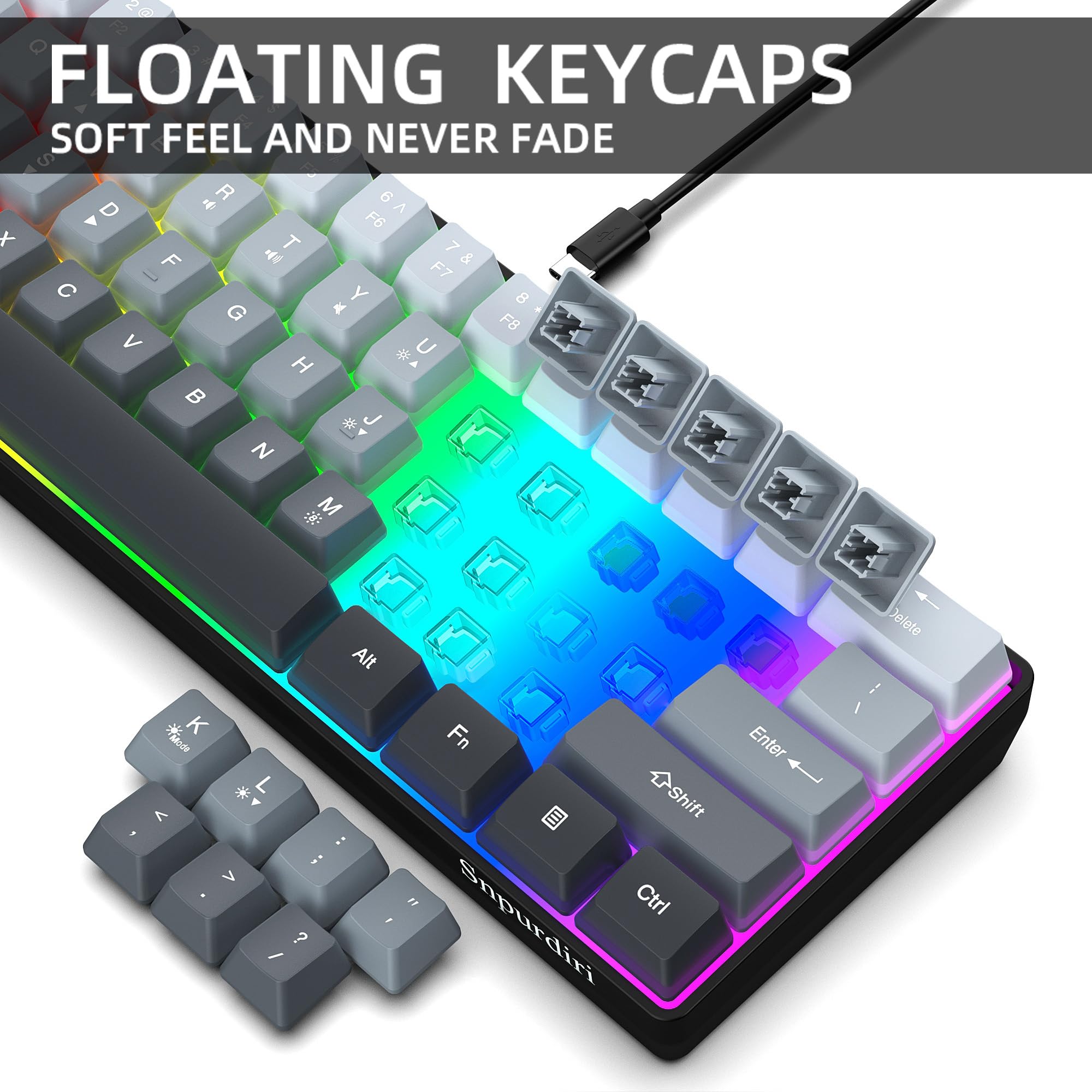 Snpurdiri 60% Wired Gaming Keyboard, 61 Keys RGB (Grey-Black) view 4