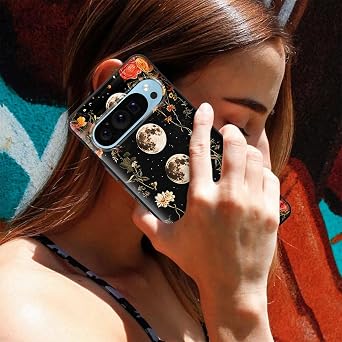 for Pixel 7 Case,Slim Thin Silicone Soft Flexible TPU Brushed Black Anti-Scratch Shockproof Protective Cover for Google Pixel 7,Full Moon and Red Flower