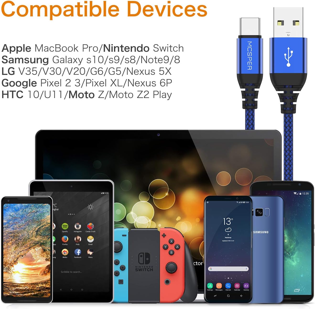 USB Type C Cable 10FT, 2Pack USB C Charger Cable Nylon Braided Fast Charging Sync Cord Compatible Samsung Galaxy Note 9 8 S10 S9 S8 Plus, V20 G5 G6, Google Pixel 2 XL,Nexus 5X/6P,OnePlus(Blue)