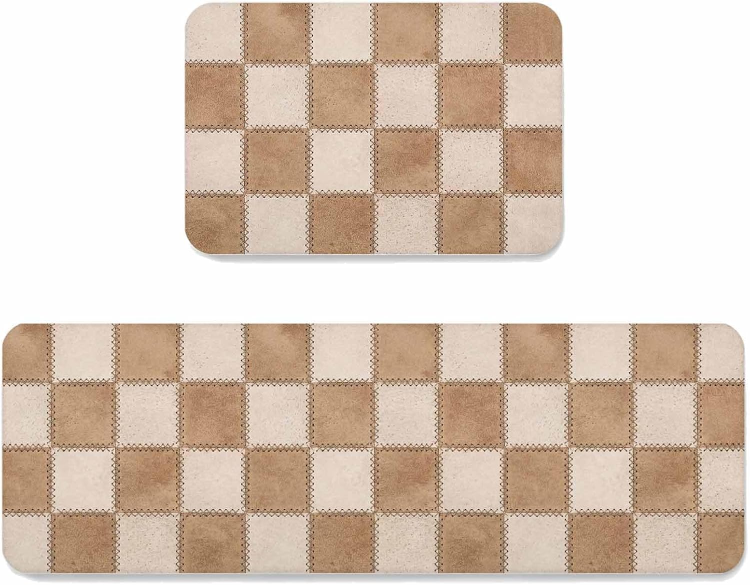Abstract Beige Patchwork Kitchen Mat Set 2 Pieces Country Farmhouse Boho Brown Plaid Non Slip Kitchen Rugs Washable Runner Rug Mats for Floor Sink Laundry Office 15.7" x 23.6"+15.7" x 47.2"