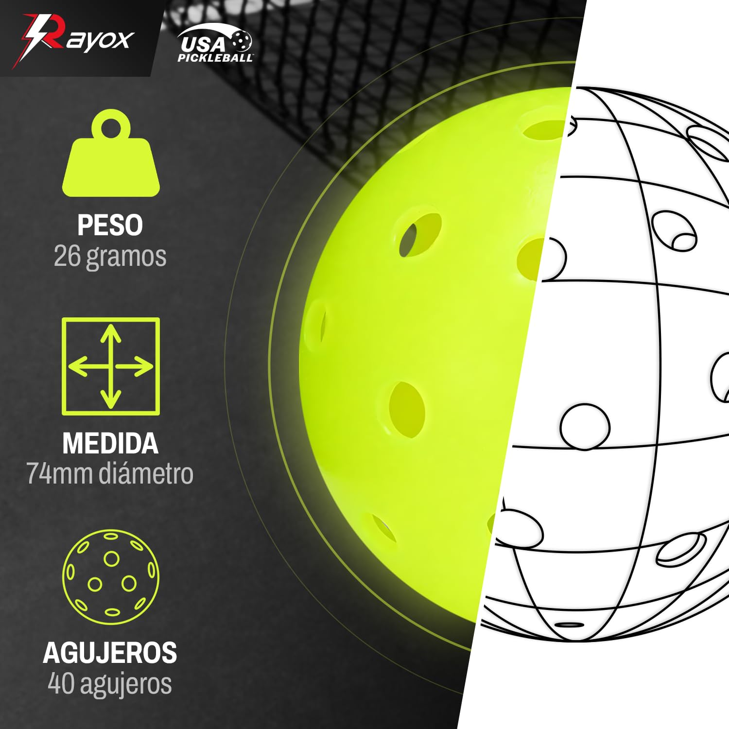 RAYOX Pelotas de Pickleball - Interiores y Exteriores, Pack de 4 o 24, Tamaño Oficial, 40 Agujeros, Alta Durabilidad y Rebote Óptimo, Jugadores Principiantes y Profesionales