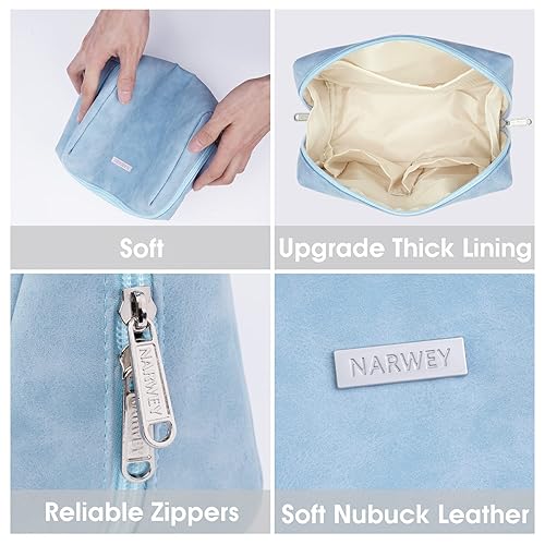 Miniatura 3 de Paquete de 2 bolsas de maquillaje de cuero vegano con cremallera, organizador de cosméticos de viaje para mujeres (grande (paquete de 2), azul cielo