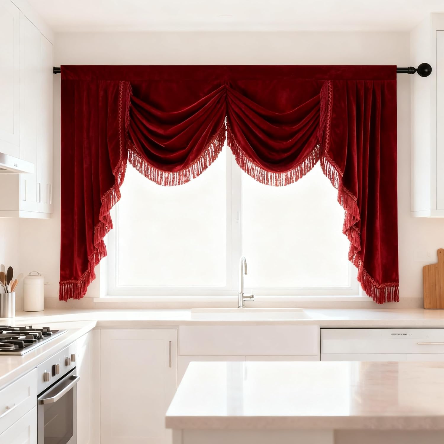 Waterfall Valance Red Curtain Swag Set Vintage Velvet Drapes Decorative Window Treatment Valances for Wedding Party Home H49xW61 inch