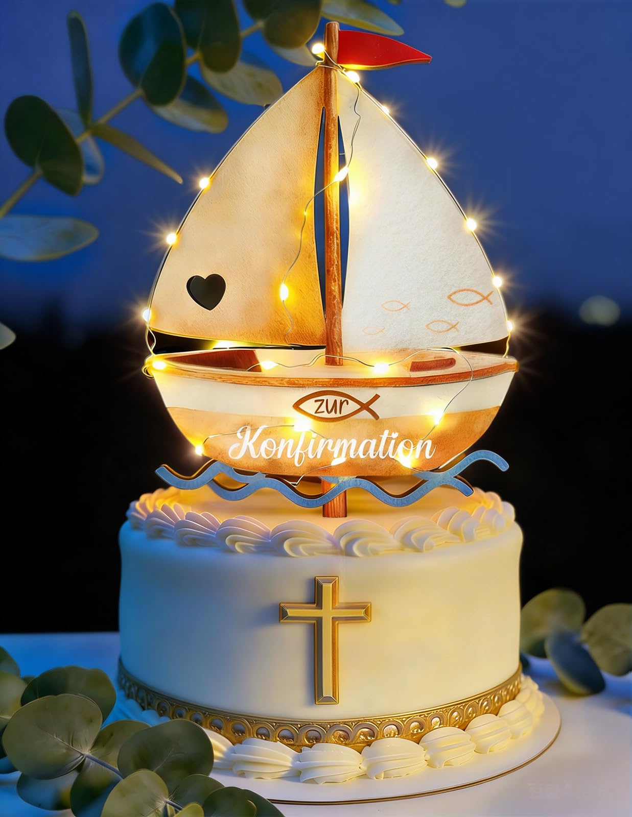 Tortendeko Konfirmation mit LED Lichterkette, Tortenaufleger Konfirmation aus Holz, Arche Noah & Fisch Cake Topper, Deko & Konfirmationsgeschenk für Jungen und Mädchen