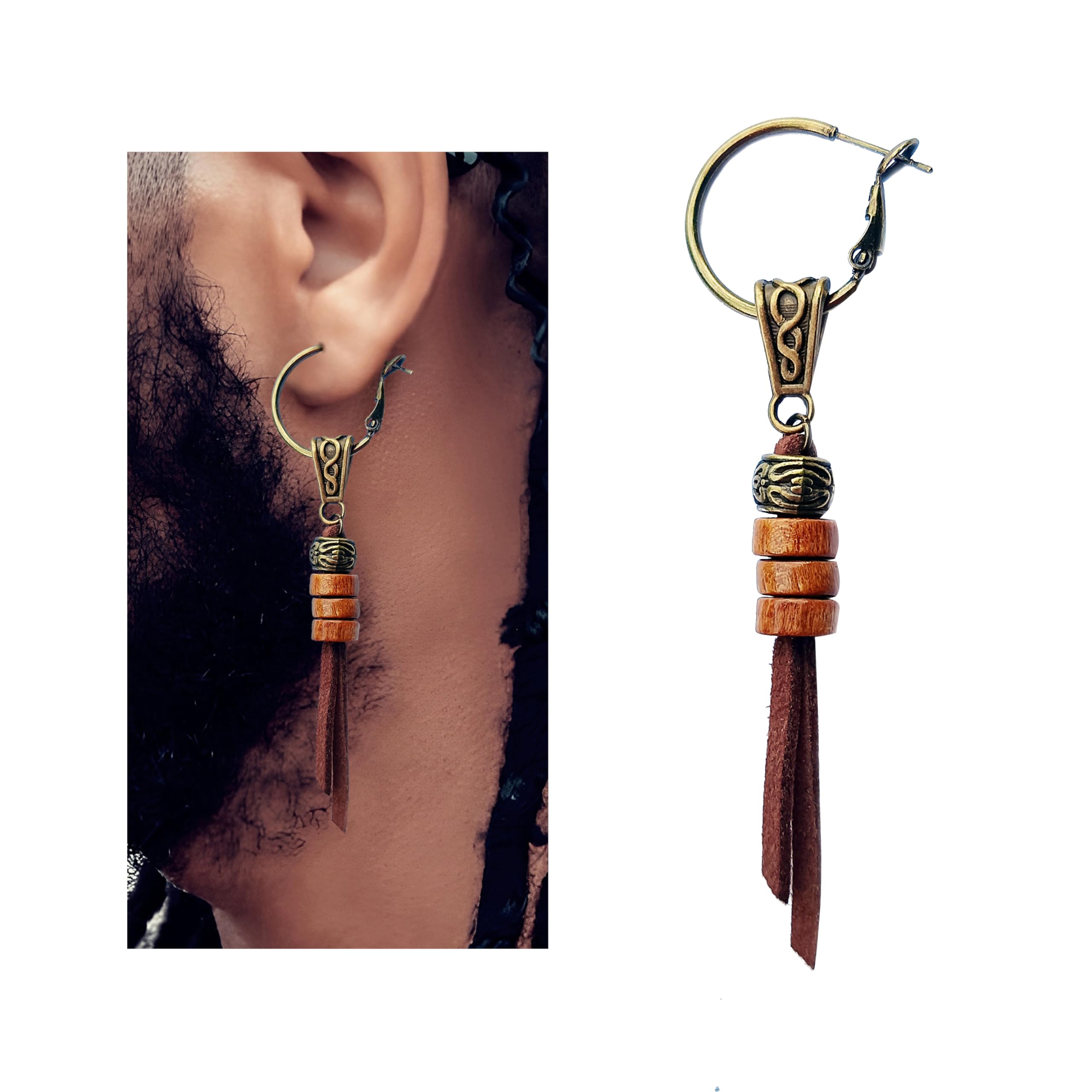 MS body jewelryBlack Leather and Wood Earring for Men - Bronze Single Pirate Style Hoop Earrings - Dangle Punk Men's Earring Single - Hippie Style Men's Earring