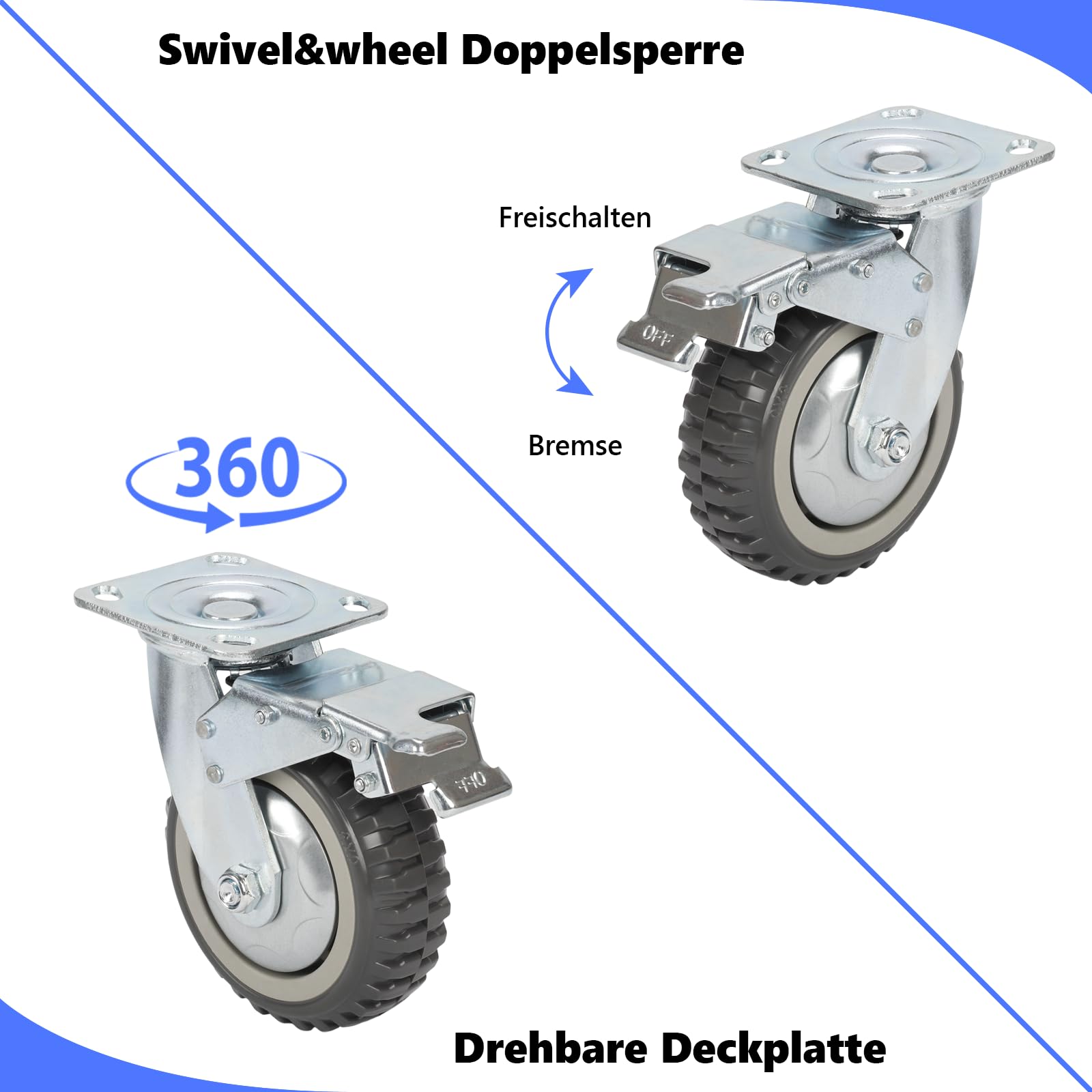 uyoyous 4 ruote per carichi pesanti, ruote girevoli da 150 mm, con freno, girevoli a 360°, in poliuretano, con freno, per mobili, banco da lavoro fai da te, portata 1000 kg