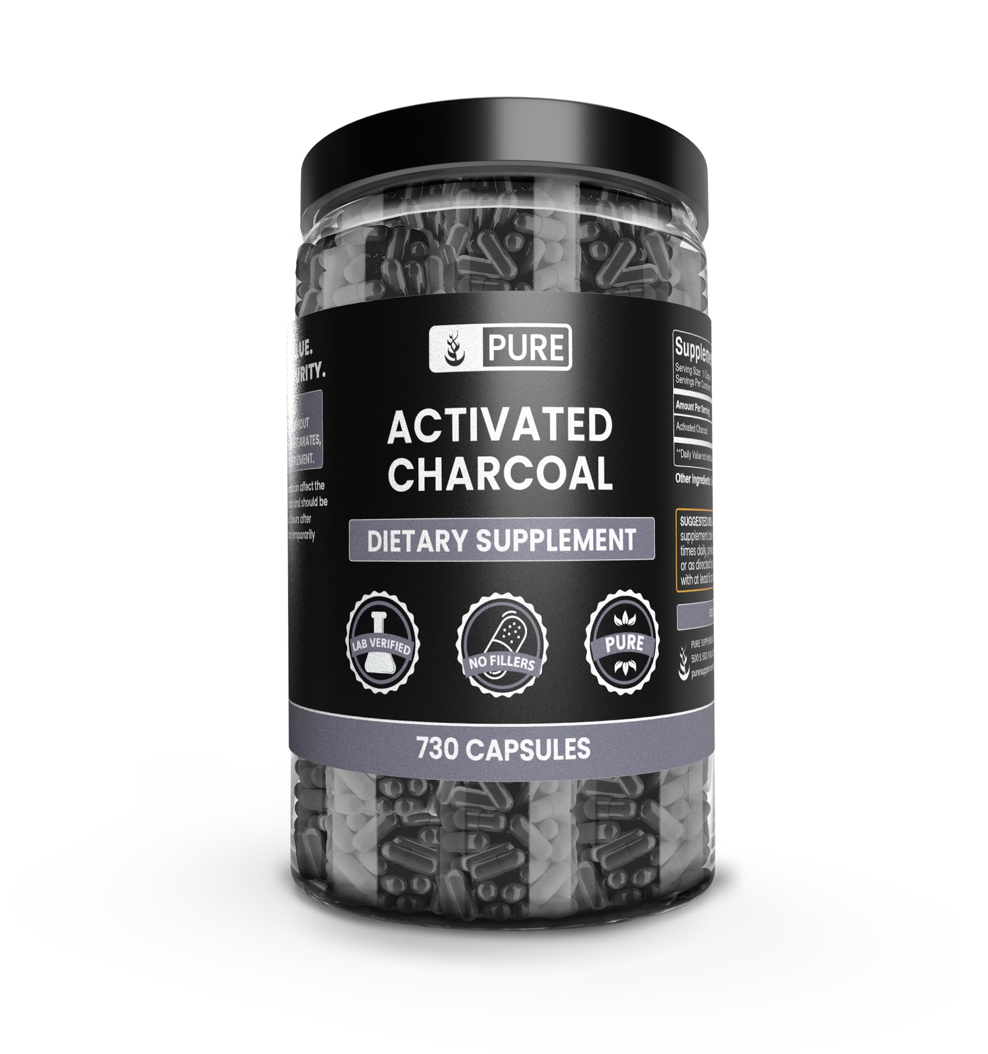 Pure Original Ingredients Activated Charcoal (730 Capsules) No Magnesium or Rice Fillers, Always Pure, Lab Verified