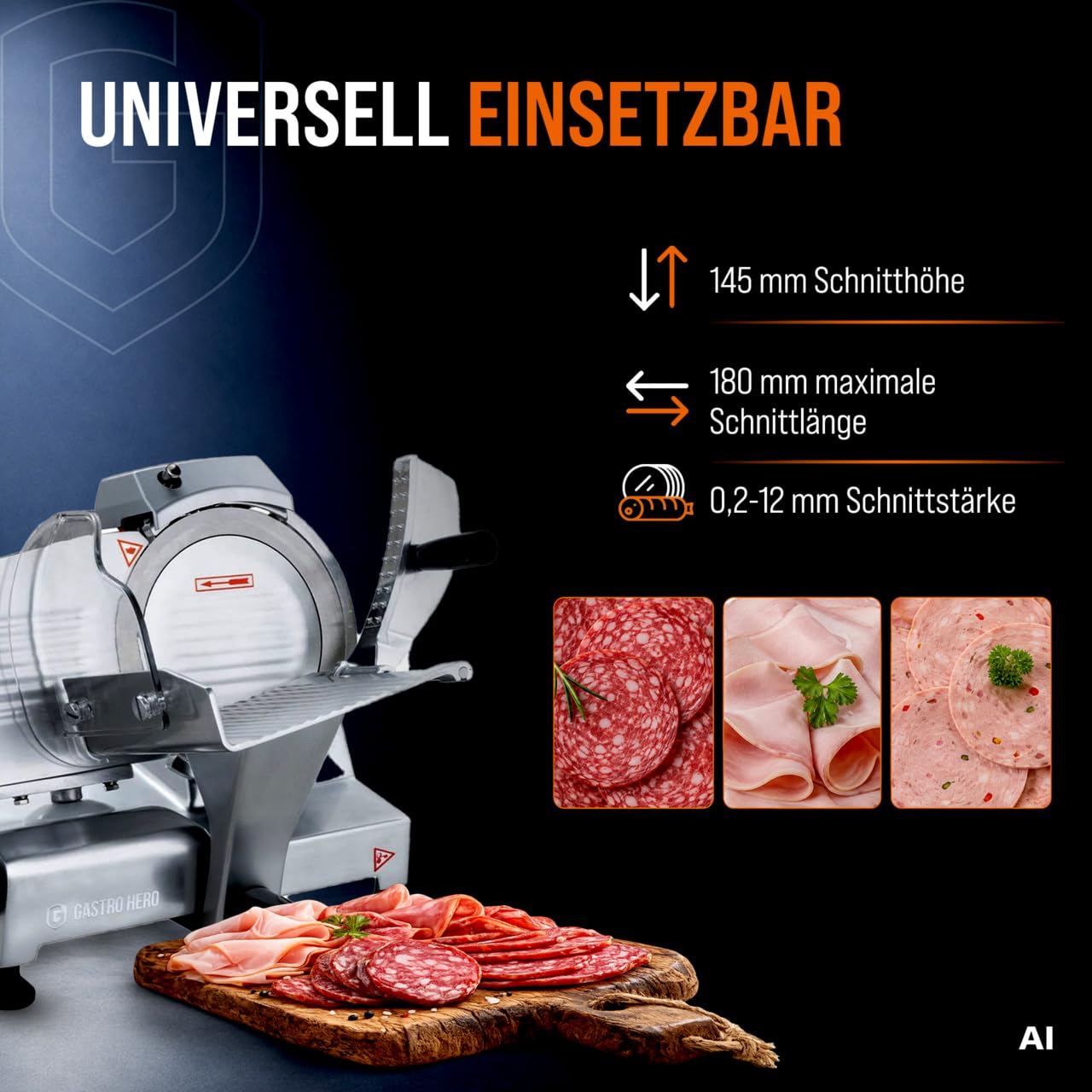 GastroHero Aufschnittmaschine 195 mm, einstellbar, Aluminium ASM195