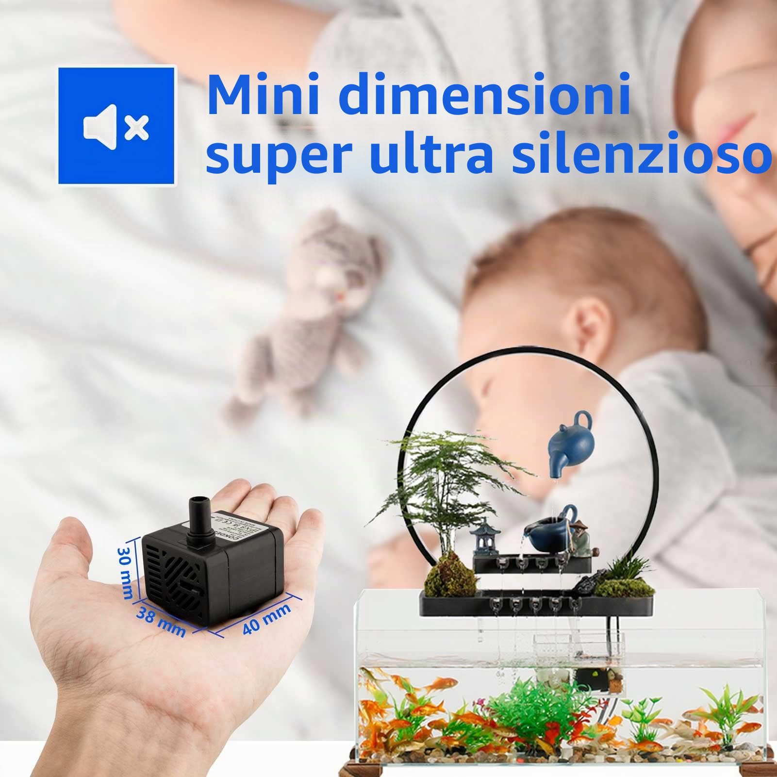 Mini pompa sommergibile USB (DC 5V 1-3W 200L/H) Regolabile, ultra silenziosa piccola pompa per acqua per fontane per animali domestici, acquario, laghetto, idroponica, interno o esterno