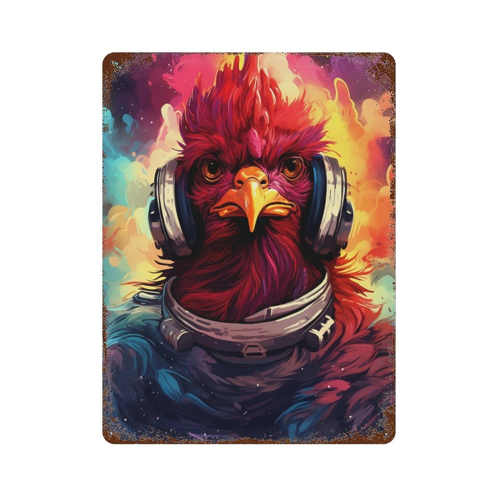 Vintage Rust Metal Sign Space Chicken Headphones Artwork 15.7"x11.8", Vintage Wall Decor for Office, Studio And Wall Decor