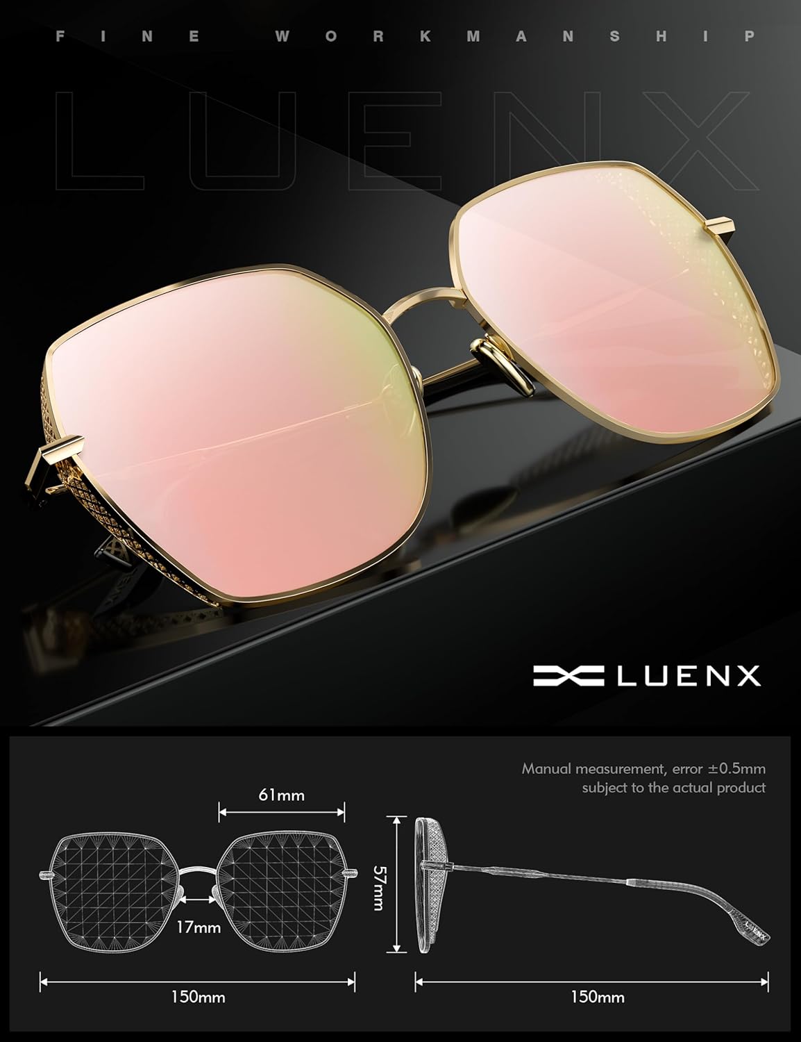 LUENX Women's Oversized Sunglasses, Retro Square Metal Geometric Design with Lattice Side Detailing, UV Protection, Anti-Glare, Perfect for Daily Wear, Travel & Parties (Pink Lens) - Image 3