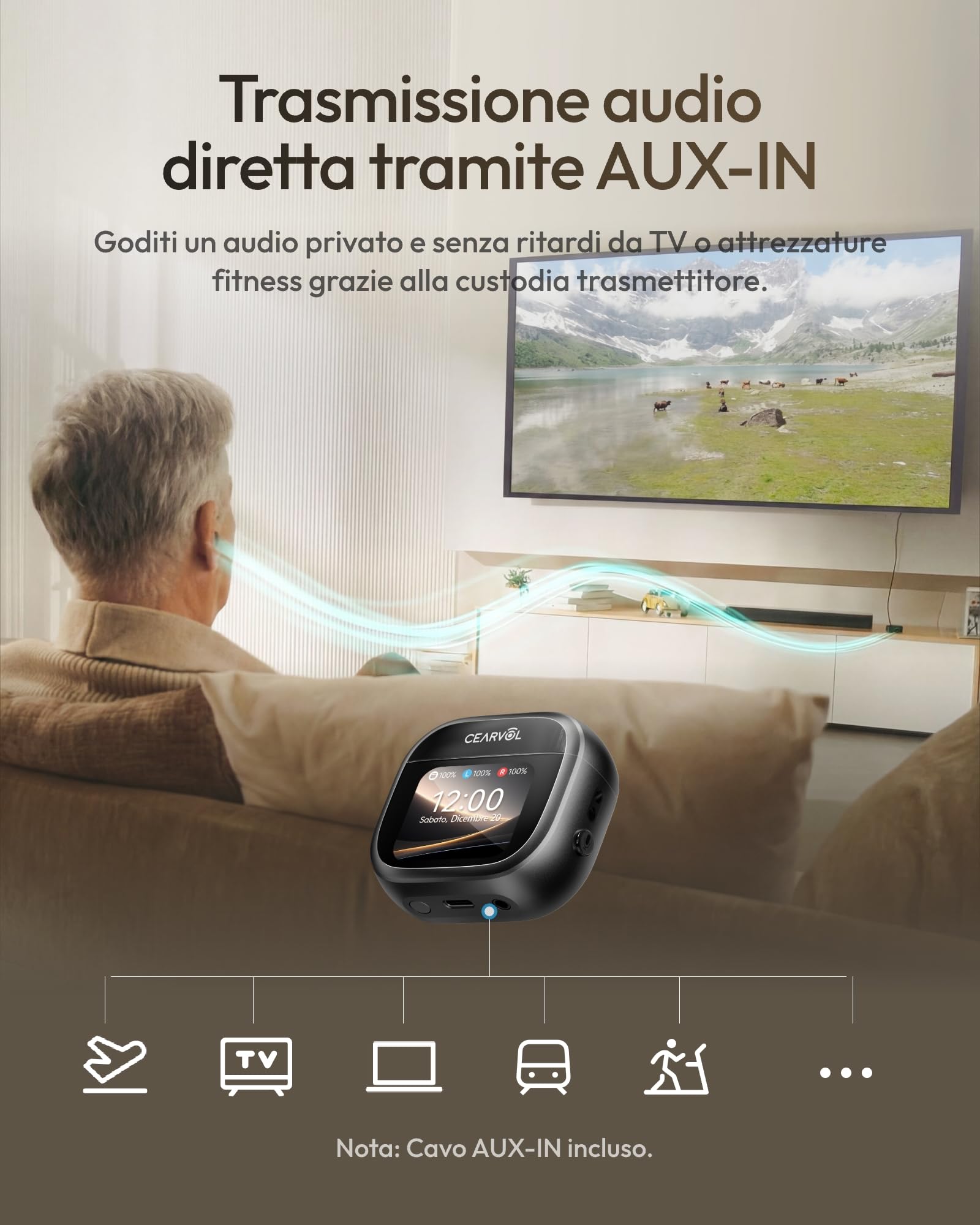 Wave Amplificatore del Suono Smart con Custodia Touchscreen, Riduzione Rumore NeuroFlow AI 2.0, Driver Knowles, Bluetooth 5.3 e Trasmettitore TV (Mezzanotte)