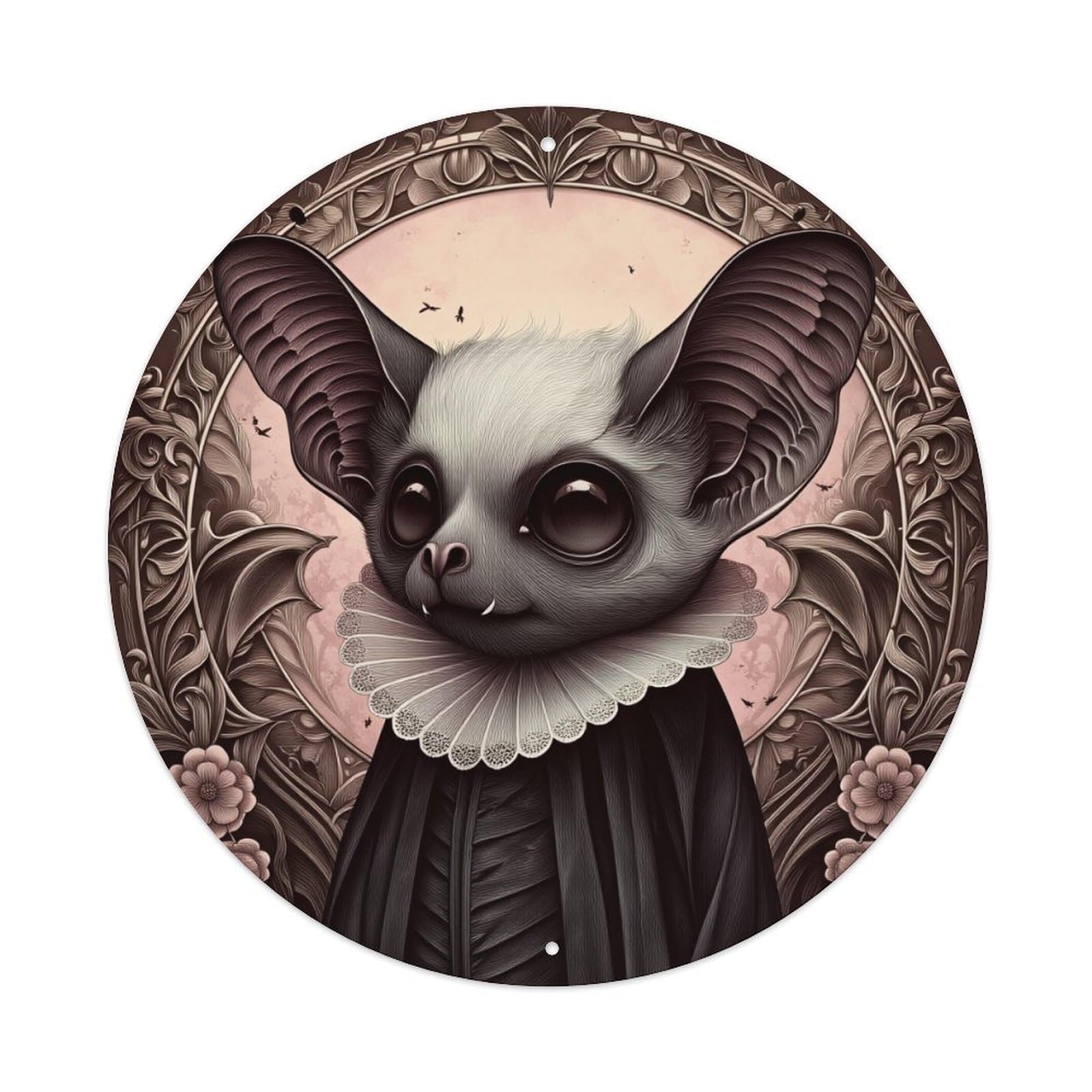 Bat With Ruffled Collar And Ornate Round Tin Sign Retro Metal Sign for Cafe Bar Pub Home Game Room Gym Club Wall Decoration Vintage Metal Poster 8x8 Inch