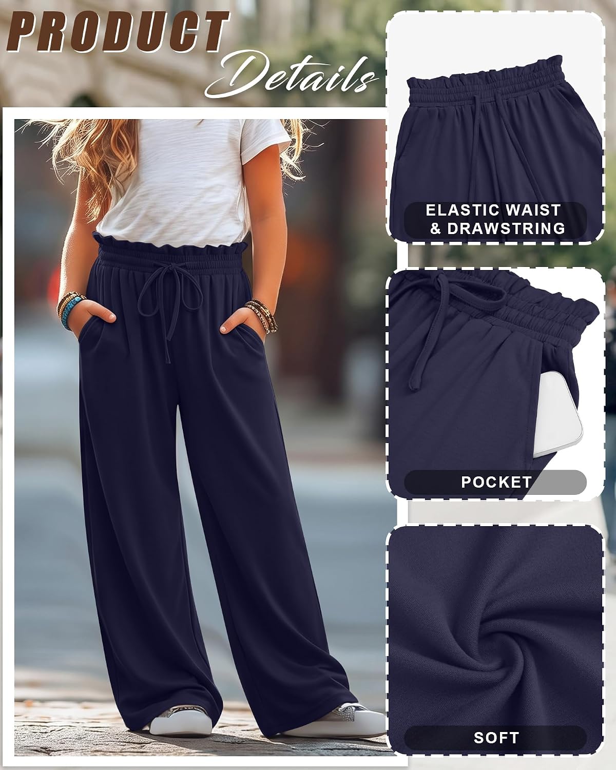 4 Pack Girls' Wide Leg Sweatpants 5-14 Years Baggy Drawstring Loose Kids Ruffled Elastic Waist Pants with Pockets