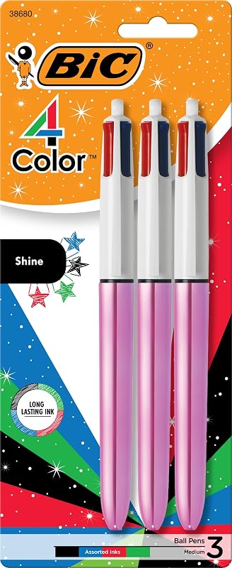 Bolígrafo retráctil BIC 4 Color Shine, punta de 1,0 mm, 3 unidades surtidas | Barril ancho para mayor comodidad, barriles metálicos rosados, experiencia de escritura suave, suministro de tinta de larga duración, colores de tinta variados