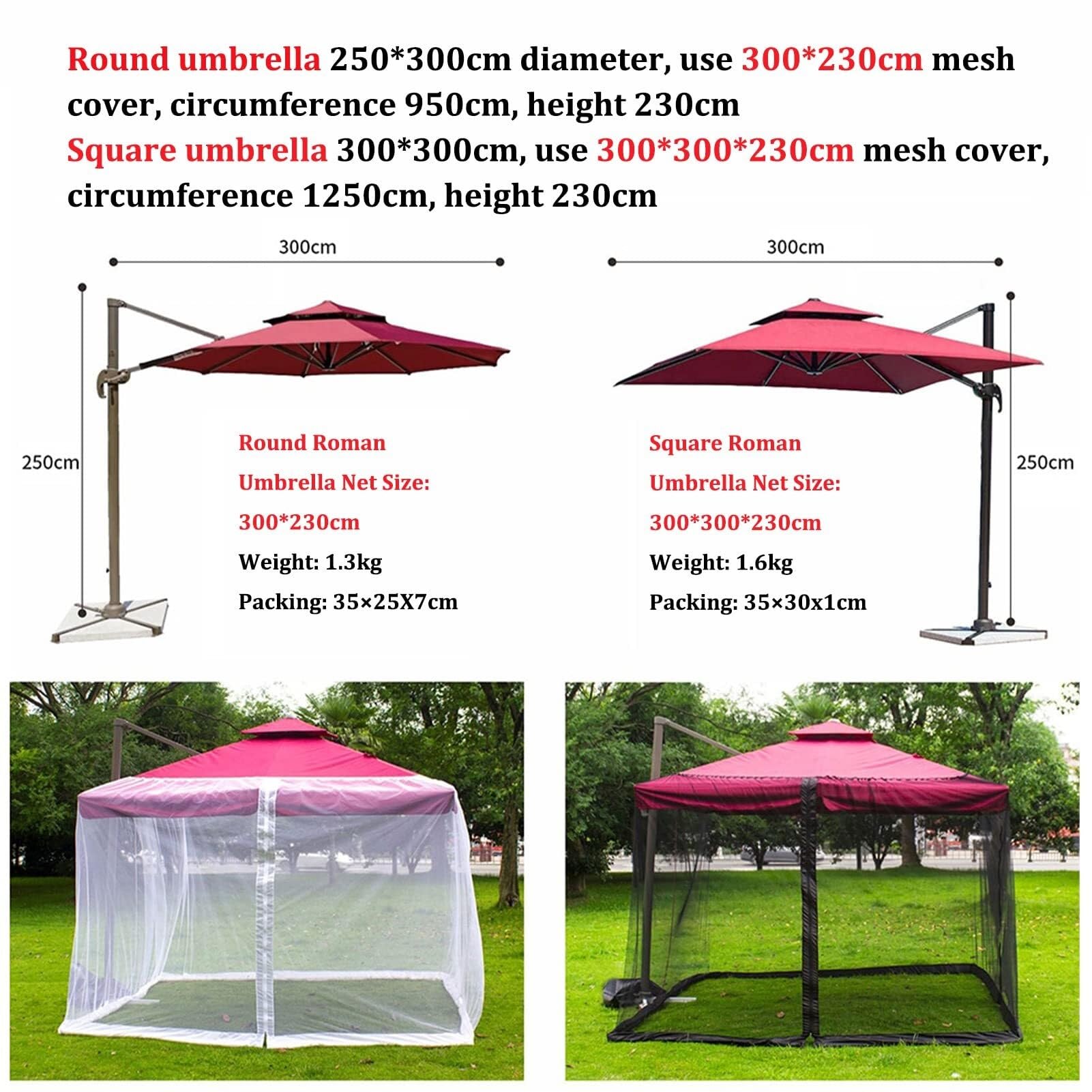 Mosquitera ajustable de 3 x 3 m para sombrilla y pabellón con cremallera, red de protección para patio y balcón, solución de protección contra insectos