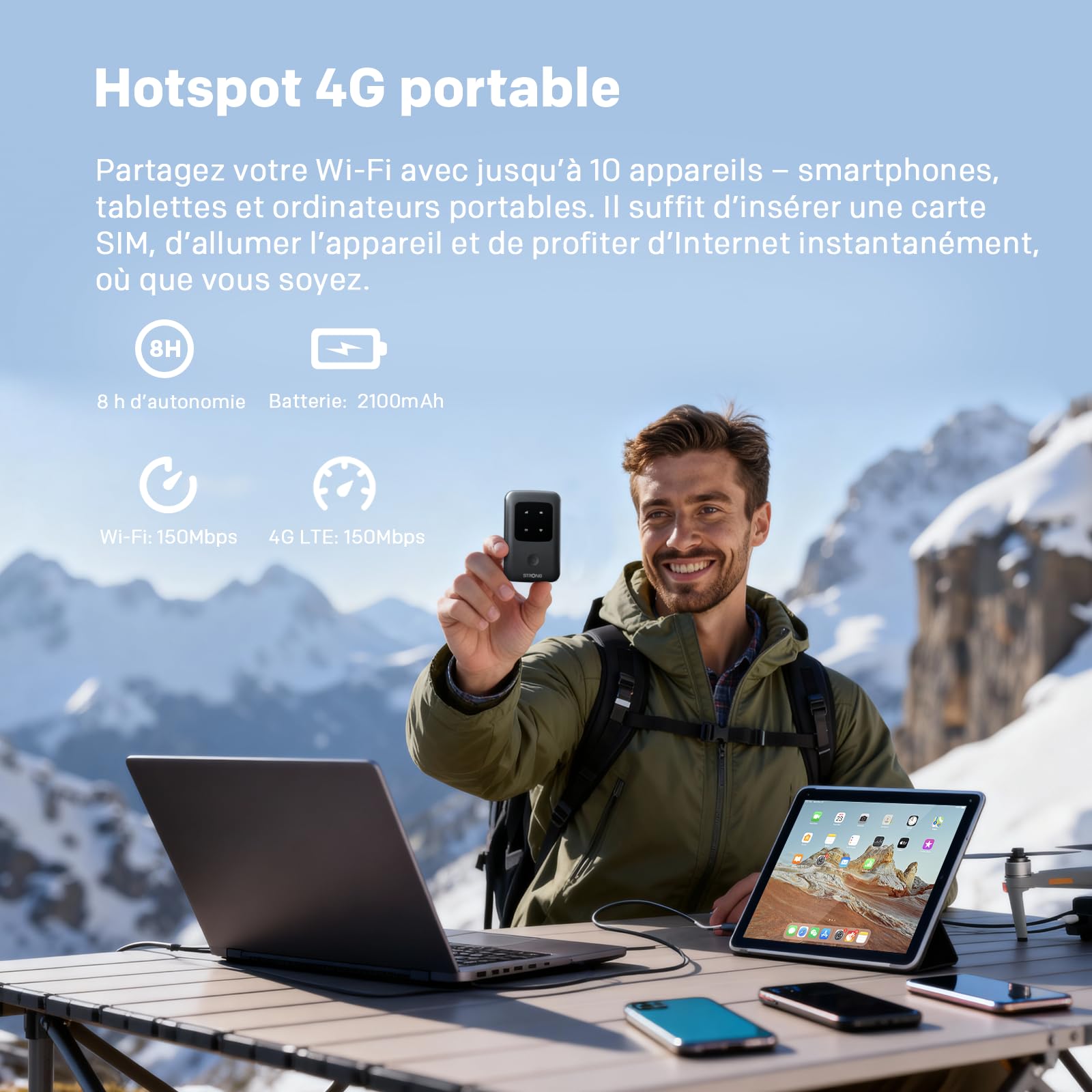 Strong 4G AIRSPOT 210 Routeur WiFi 4G Portable avec SIM, CAT4 150 Mbps | Hotspot WiFi de Poche pour Voyage et Télétravail, Connecte 10 Appareils, Batterie 2100 mAh, USB-C & Fonction Power Bank