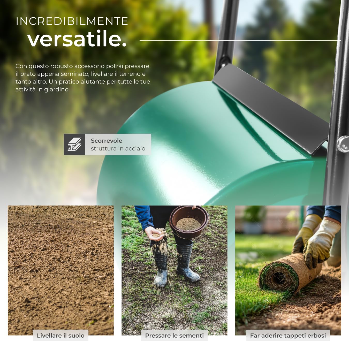 Rullo Da Giardino In Metallo 60 Cm - Compattatore Per Prato E Aiuole Con Riempimento Sabbia/Acqua - Foto 2