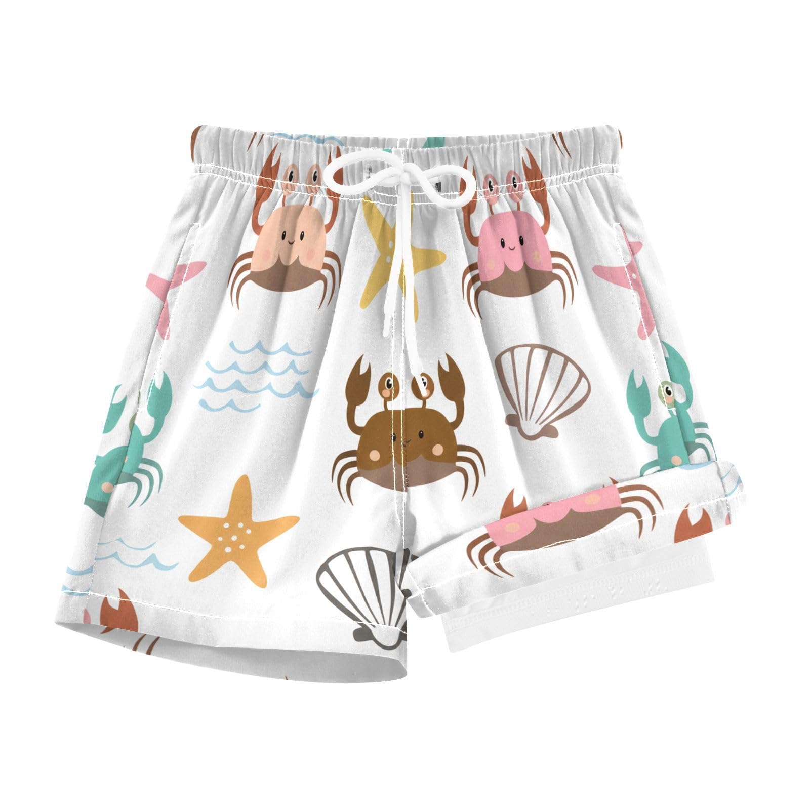 YANENDIE Boy Swim Trunks with Compression Liner Teal Cartoon Crabs Boys Swim Shorts Quick Dry Beach Shorts