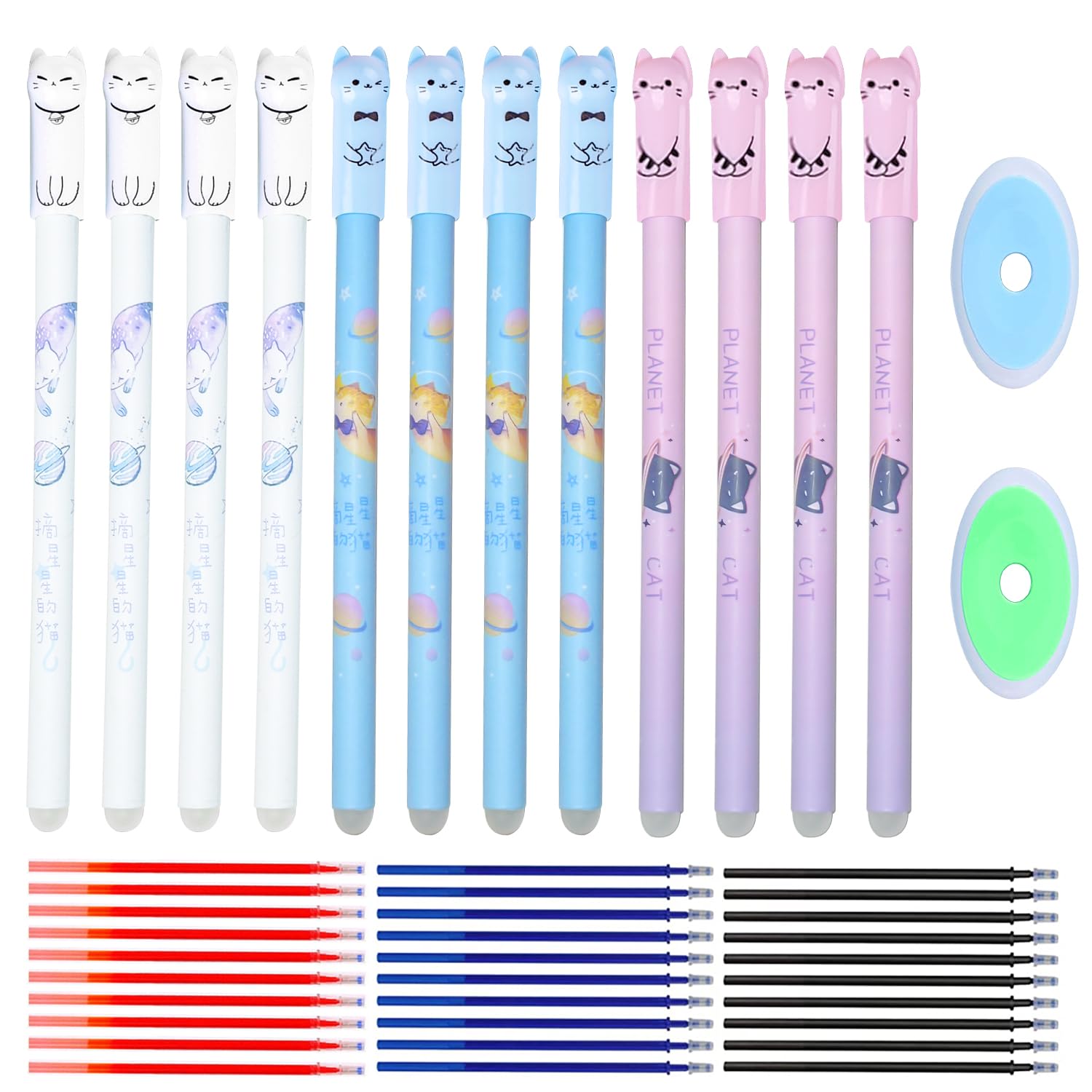BXYIIGRU Bolígrafos Gel Borrables, 12 Piezas Tinta Gel Bolígrafo Gato Bolígrafos Borrables Animales 0.35mm con 30 Recambios y 2 Gomas Borrar para Oficina Escuela Estudiantes (Azul, Negro, Rojo)