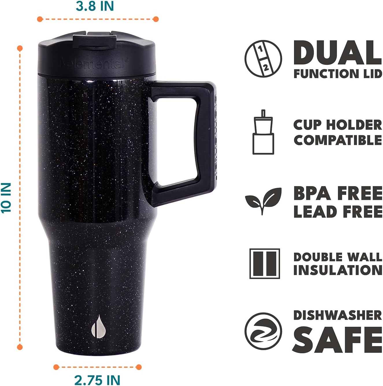 Elemental 32 oz 100% Leak Proof Tumbler with Handle & Straw - Stainless Steel Double Wall Insulated Tumbler for Hot and Cold Beverages - Travel Coffee Mug with Sip & Straw Lid - Black Speckle