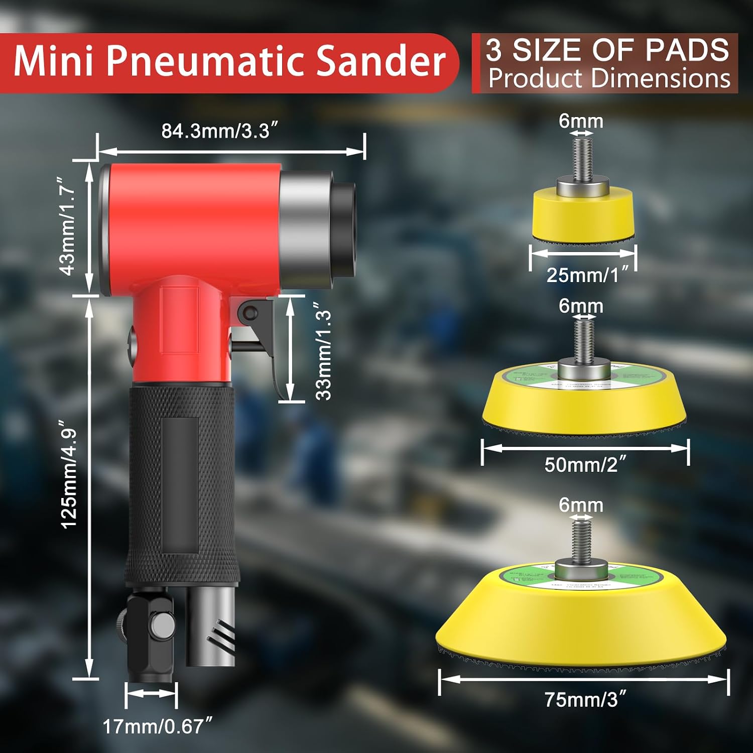 1/2/3 Inch Random Orbital Air Sander, Mini Da Sander for Auto Body Work, High Speed Pneumatic Sander for Metal & Woodworking/Car Polishing Waxing/DIY Projects-Red