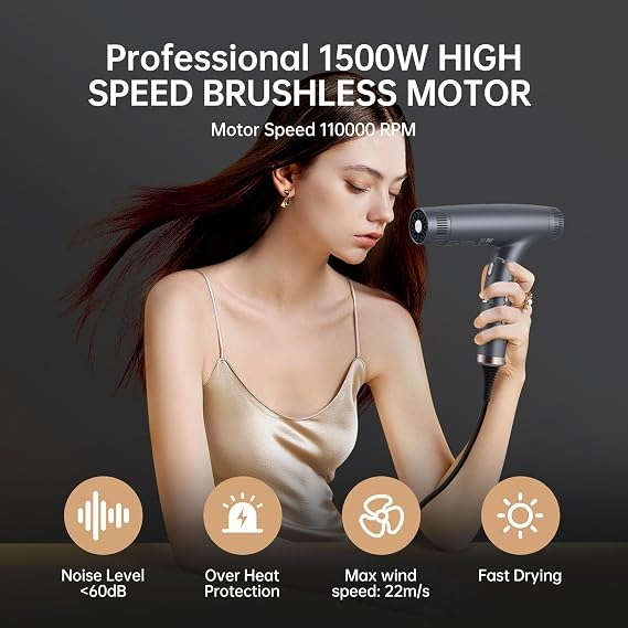 Professional-Lonic Hair Dryer 1500W Dual Ionic Blow Dryer, Powerful Brushless and High Speed for Fast Drying, Foldable Magnetic Nozzle and 12 Hair Drying Modes Super Quiet for Home Travel or Salon