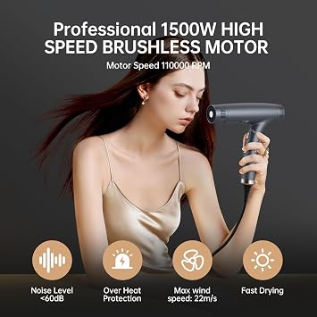 Professional-Lonic Hair Dryer 1500W Dual Ionic Blow Dryer, Powerful Brushless and High Speed for Fast Drying, Foldable Magnetic Nozzle and 12 Hair Drying Modes Super Quiet for Home Travel or Salon