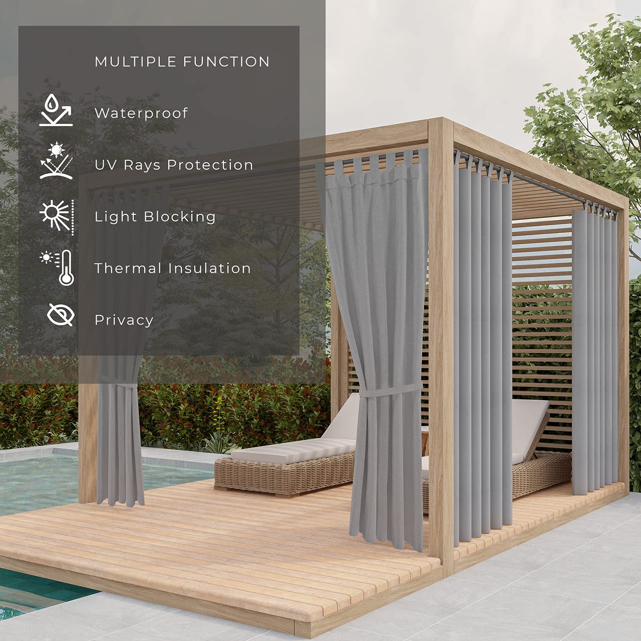 chilly pilley Vorhänge Wasserabweisend Outdoor Vorhang für Balkon Terrasse und Garten Sonnenblende Sichtschutz Außenvorhang Winddicht Sonnenschutz (1,5x2,2m, Grau)