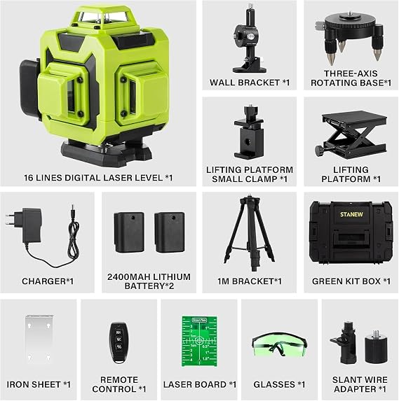 STANEW 4x360° Laser Level, Self-Leveling 4D 16-Line Green Laser Level with Horizontal and Vertical Lines, Integrated Remote Control
