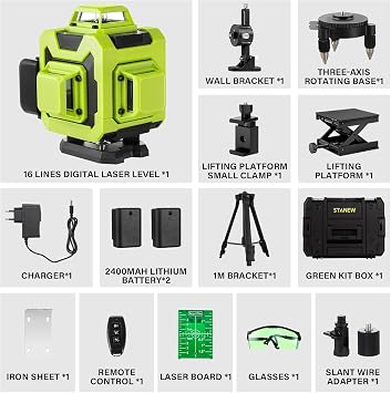 STANEW 4x360° Laser Level, Self-Leveling 4D 16-Line Green Laser Level with Horizontal and Vertical Lines, Integrated Remote Control