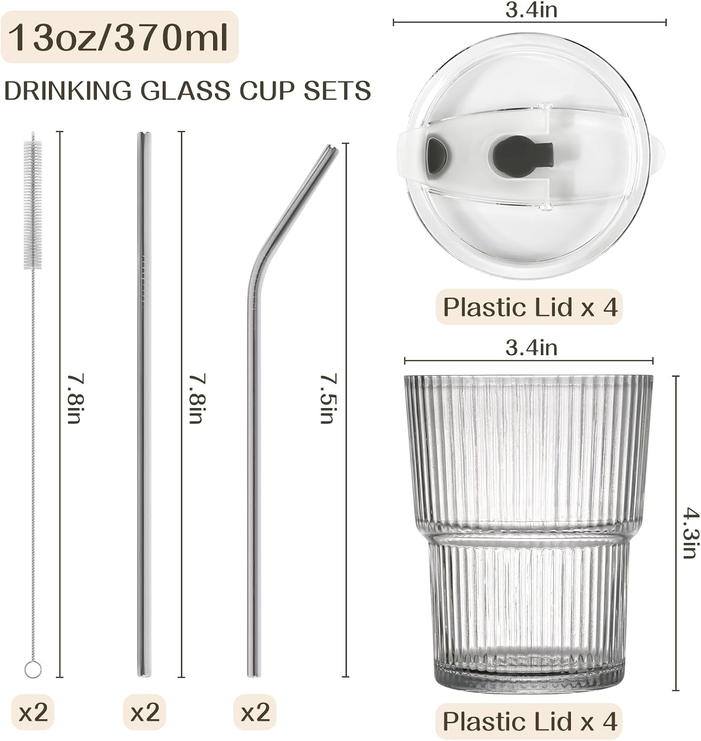 13oz Iced Coffee Cups,2Pcs Glass Cups with Lids and Straws Drinking Glasses,Clear Ribbed Glassware,Reusable Tumbler Glass to Go Cup for Matcha, Iced Tea,Juice - Image 2