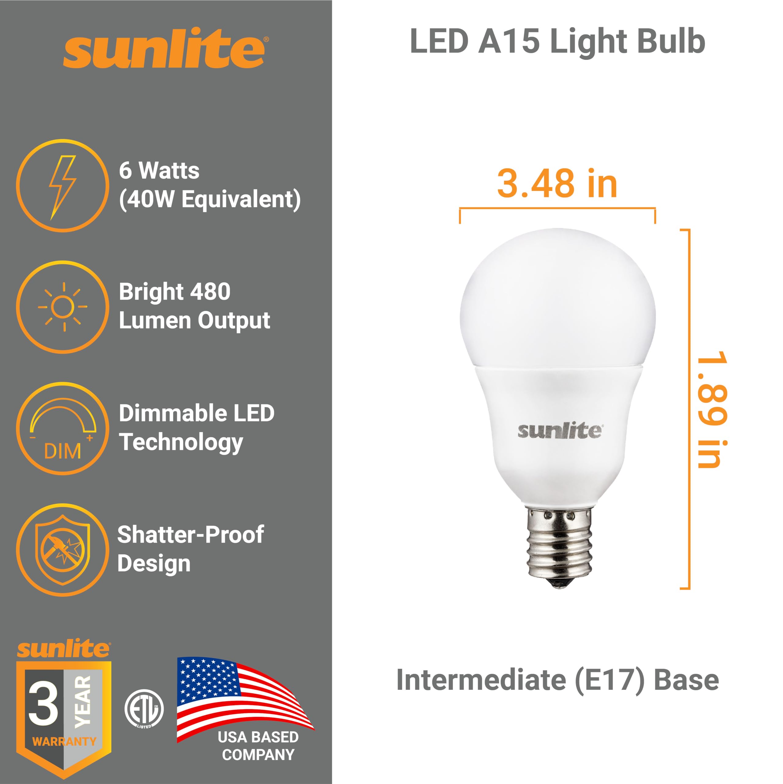 Sunlite 80335 LED A15 Light Bulb 6 Watts 40W Equivalent Intermediate Base E17 480 Lumens Dimmable Frosted Finish — view 2