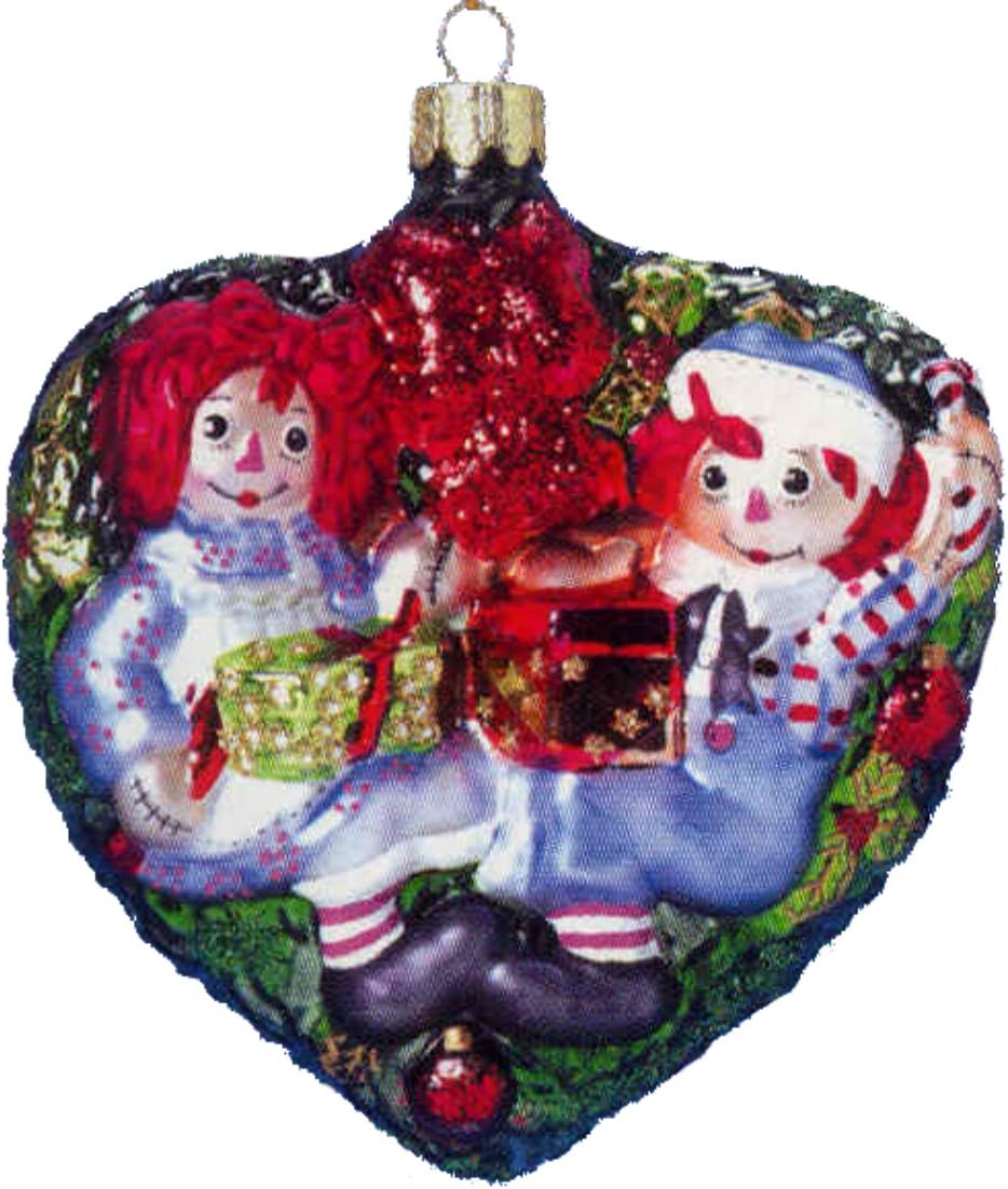 Raggedy Ann & Andy Glass Heart Wreath Christmas Ornament by Kurt Adler